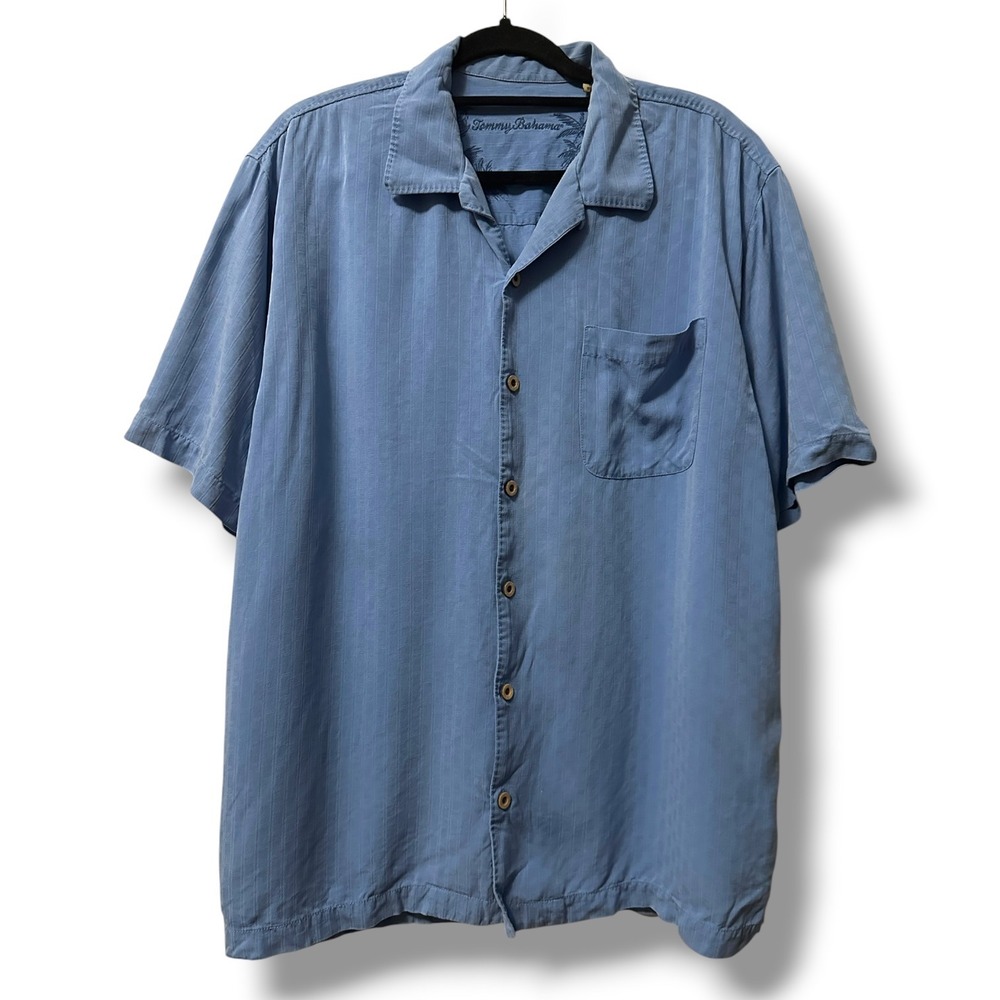 Tommy Bahama Men's 100% Silk Short Sleeve Button Down Camp Shirt Blue L